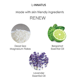 Image featuring three key ingredients accompanied by their descriptions for a skincare product called "Pure Dead Sea Renewal Soak with Magnesium Flakes" by INNATUS. The ingredients—Pure Dead Sea Magnesium Flakes, Bergamot Essential Oil, and Lavender Essential Oil—are each depicted with a corresponding image, promoting complete skin health and profound relaxation.