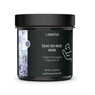 A 4-ounce jar of "Skin Refresh" Dead Sea Mud Face Mask by INNATUS is shown. The dark green label indicates it contains a blend of eucalyptus and spearmint oil, celebrated for its purification properties. The jar has a black lid and text stating it is sourced from nature and made in the USA.